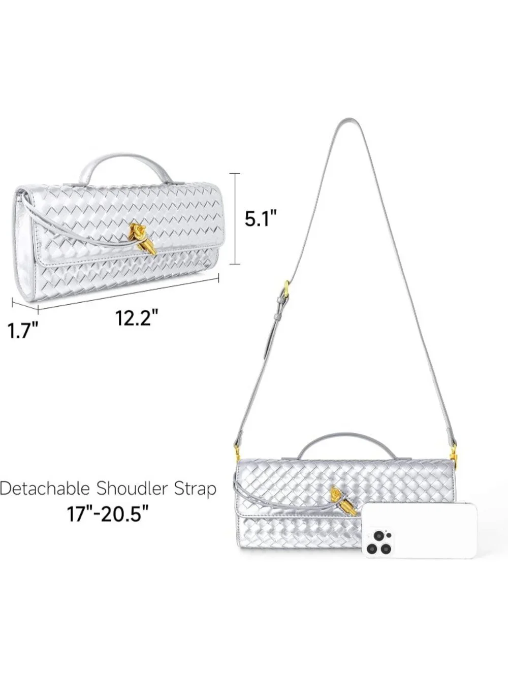 Women Silver Woven Vegan Leather Clutch Purse Formal Evening Crossbody Bag